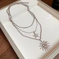 Three-layer silver star and sun necklace with snake chain and embossed portrait pendant - Silver Starfish Sun Layered Multi-Layer Necklace
