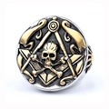 Close-up of vintage pirate skull ring featuring gold masonic symbol on silver metal - US 7 / Skull Masonic Symbol Style (14504) / Two-tone (Gold & Silver)
