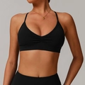 Black V-neck sports bra with ruched front and thin straps for fitness and yoga - S / Premium Black