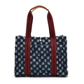 Grande borsa tote in denim a scacchi blu e bianchi con manici rossi e fibbia a fiore - Blu a Scacchi