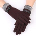 Women's warm winter gloves in burgundy with gray faux fur trim and bow details - Leather Bow Style / Dark Coffee