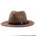 Detail of dark brown fedora straw hat with black leather band and golden buckle - M (56-58cm) / Brown