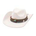 Classic white felt cowboy hat with ethnic beaded band and turquoise turquoise stone accent - One Size / White (With Metal Bull Head & Ethnic Decor Band)