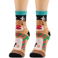 Detail of Christmas crew sock featuring a cartoon reindeer with a red and green scarf - One Size / Reindeer / Khaki
