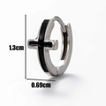 Detail view of steel cross hoop earring showing dimensions 1.3cm height and 0.69cm width - Cross Pendant Style (S151)