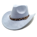 Close-up of a blue suede cowboy hat featuring a leopard print belt and golden buckle - Sky Blue / M (56-58cm)