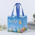 Blue Easter non-woven gift bag with colorful eggs, cartoon rabbits and blue handles - CBD05-Horizontal
