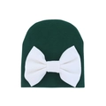 Cozy dark green knitted baby hat featuring a large white decorative bow for 0-6 months - 0-6 Months / Dark Green and White