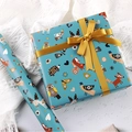 Green gift wrapping paper with cartoon forest animals and golden satin ribbon decoration - Squirrel & Butterfly