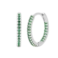Detailed view of silver hoop earrings with pave-set green cubic zirconia stones - Silver Plated + Green Zircon
