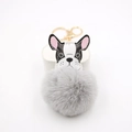 Detail of French Bulldog plush keychain with grey faux fur pompom and golden clasp - Light Gray