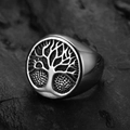 Vintage stainless steel Tree of Life ring in silver and black finish on a dark rock surface - US 7 / Steel Color (09108)