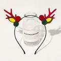 Close-up of Christmas reindeer headband with red plush antlers and colorful pom-poms - Christmas Antler Headband - Red Green Pom Red