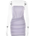 Mini abito senza spalline viola chiaro con bordino bianco e gonna arricciata alla moda - M / Viola