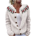 White knit cardigan for women with red berries and green leaves embroidery patterns - S / Tops / White Floral