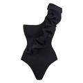 Elegant black one-shoulder one-piece swimsuit with dramatic ruffled flounce detail - S / Swimsuit Only (Black)