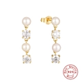 Elegante S925 Sterling Silber Tropfenohrringe mit weißen Perlen und Zirkonia-Steinen - Vertikale Doppelperle Zirkonia / Gold