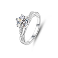 Classic 1 carat moissanite cross band ring in S925 sterling silver with 6-prong setting - Adjustable Open / Twisted Arm Simple Large Stone Style (FDJZ-006)