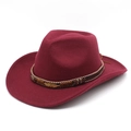 Detail of burgundy wool western cowboy hat with brown beaded band and golden feather charm - M (56-58cm) / Burgundy