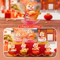 Figurine chat orange dragon du zodiaque à tête oscillante avec socle doré - Série Cheval à Bascule Heureux (198-2) / Boîte de Set Complet (Set de 6) / Rose vif