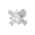 Close-up of a silver bow pendant with a heart-shaped crystal and pavé detail - Platinum White Zirconia