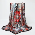 Macro shot of paisley and floral pattern details on black satin silk square scarf - Black Base Red Blue Paisley (FT267-3)