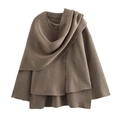 Women's asymmetrical knit crop cardigan with layered shawl collar in dark brown coffee - S / Dark Khaki
