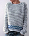 Detail of grey and white striped knit sweater featuring blue wave patterns on the hemline - 3XL / Tops / Blue Stripe Pattern