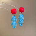 Macro view of square red resin earrings with blue grape tassel pendants and silver needles - Red & Blue (925 Silver Pin)