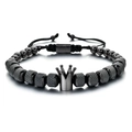 Bracciale da uomo con perline nere, ciondolo a corona e cordino intrecciato regolabile - Corona Nera-8MM / Nero