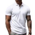 Close-up of white short-sleeved polo shirt collar showing button placket and fabric texture - S / White