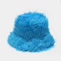 Detailed view of the fluffy faux fur texture on this vibrant blue plush bucket hat - M (56-58cm) / Lake Blue