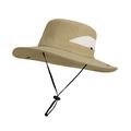 Khaki wide brim sun hat with white breathable mesh panels and adjustable windproof cord - Khaki