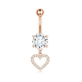 Rose gold belly button ring with large round cubic zirconia and dangling hollow heart charm - Pendant Heart Style