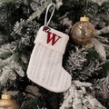 White knitted Christmas stocking with red embroidered letter W and festive patterns - Embroidered Knitted Small Sock White W