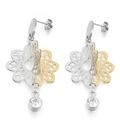 Orecchini a fiore cavo bicolore oro e argento con cristalli di zircone tondi trasparenti - Stile Fiore Traforato a Doppio Strato (KE27543-D)