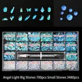 Blue and iridescent nail art rhinestones kit with 21 compartments and picker tool - Angel Light (700 Big, 3480 Small)