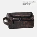Brown vintage PU leather toiletry bag with double zippers in 24x12x14cm size - Coffee Flip-Top (Large Capacity)