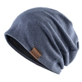 Knit beanie hat in dark blue with F&S leather label and warm black lining for winter - Thin Style / Blue