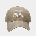 Detailed close-up of khaki washed cotton baseball cap with My Favorite People Call Me Papa text - Adjustable / Khaki