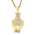 Hiphop gouden ketting met geldzak hanger en fonkelende kristallen op witte achtergrond - Handen Die Geldzak Vasthouden Hanger - Zonder Ketting (KP100191)