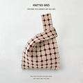 Knitted knot bag in cream with burgundy geometric grid and dots for daily commute - Beige Polka Dot