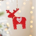 Red wooden reindeer ornament with white stitch pattern and heart cutout for Christmas tree - Red Reindeer