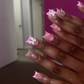 Pink press-on nails with cat ear shape, 3D white bow, rhinestone and lip print patterns - Pink Sweet Bow Lip Print Style (JP3655)