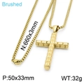 Collana con pendente a croce in acciaio inossidabile dorato spazzolato con trama a griglia - Grande Dimensione (50x33mm) / Oro