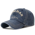 Casquette de baseball bleu foncé délavée avec broderie 3D et coutures jaunes - Réglable / Bleu marine