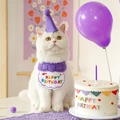 Close-up of white cat wearing purple felt party hat and Happy Birthday embroidered bib - Purple Birthday Set
