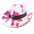 Pink and white cow print plush western cowboy hat with studded band and silver bull icon - M (56-58cm) / Heart Top / Rose Red
