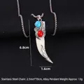 Ethnic wolf tooth pendant necklace in stainless steel with colorful gem accents - Wolf Tooth No.35 + 70cm Steel Chain