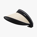 Women's summer straw woven sun visor hat with black textile headband and white trim - Adjustable / Beige